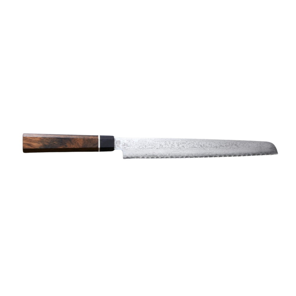 Coltello per Pane SUNCRUFT, Serie Senzo BLACK, Acciaio Damasco, Dentato, Lama 22cm